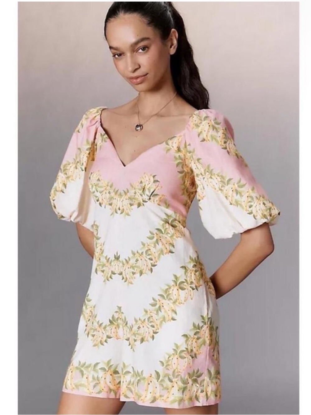 Farm Rio x Anthropologie V-Neck Puff-Sleeve Linen Blend Romper